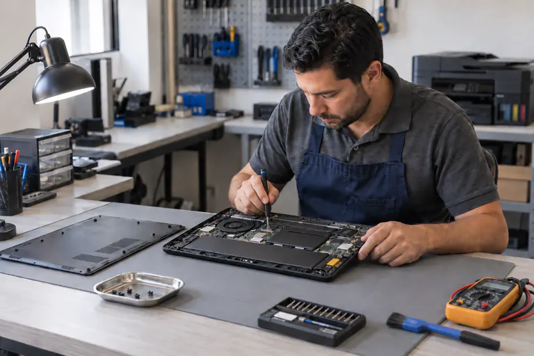 Imagen representativa de un técnico revisando una laptop en un banco de trabajo