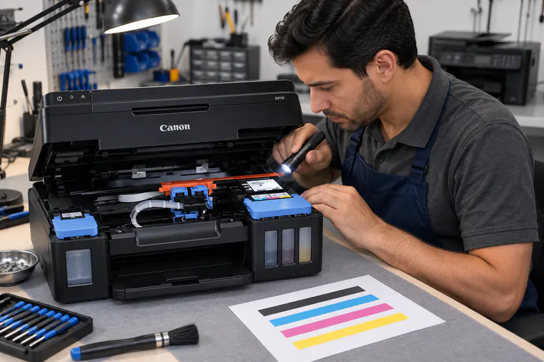 Imagen representativa de un técnico diagnosticando una impresora Canon de tinta