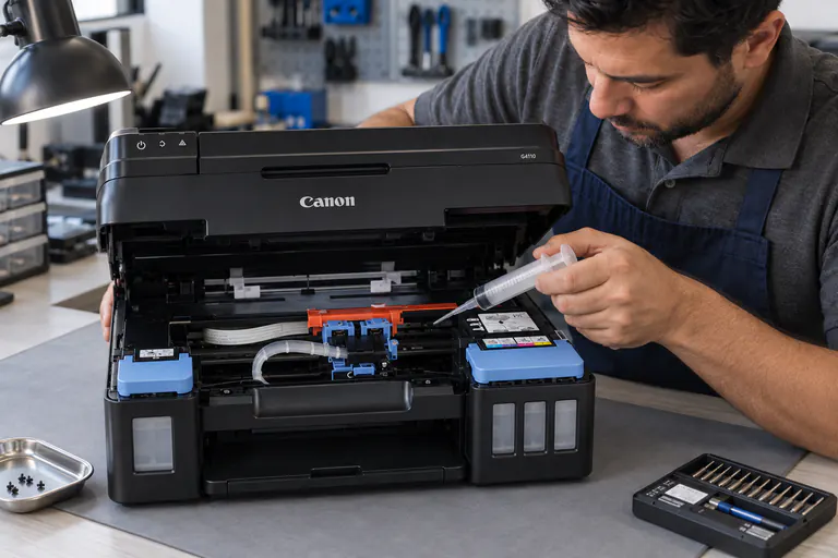 Imagen representativa de un técnico realizando mantenimiento interno a una impresora Canon