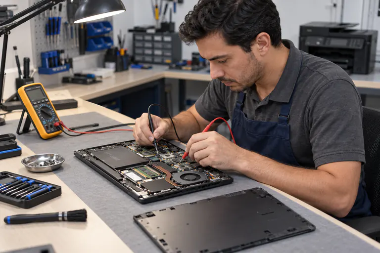 Imagen representativa de un técnico diagnosticando una laptop abierta