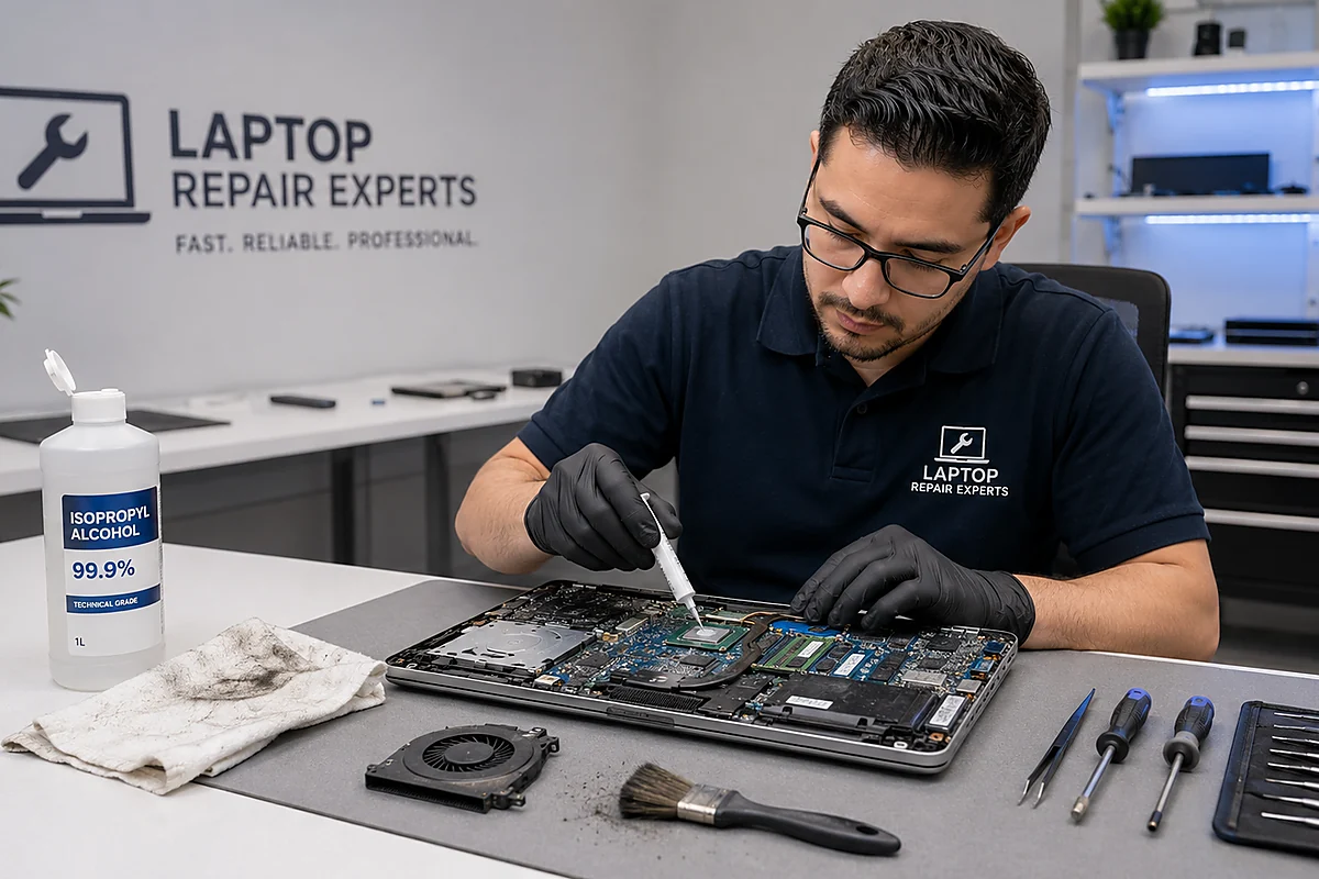 Técnico realizando mantenimiento a una laptop abierta