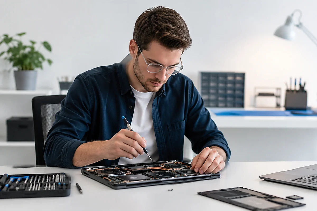 Técnico revisando una laptop abierta en mesa de trabajo